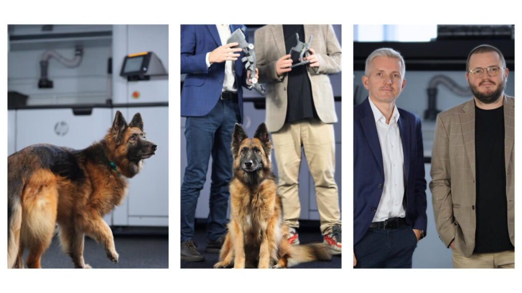 Dog with two men at the printing facility